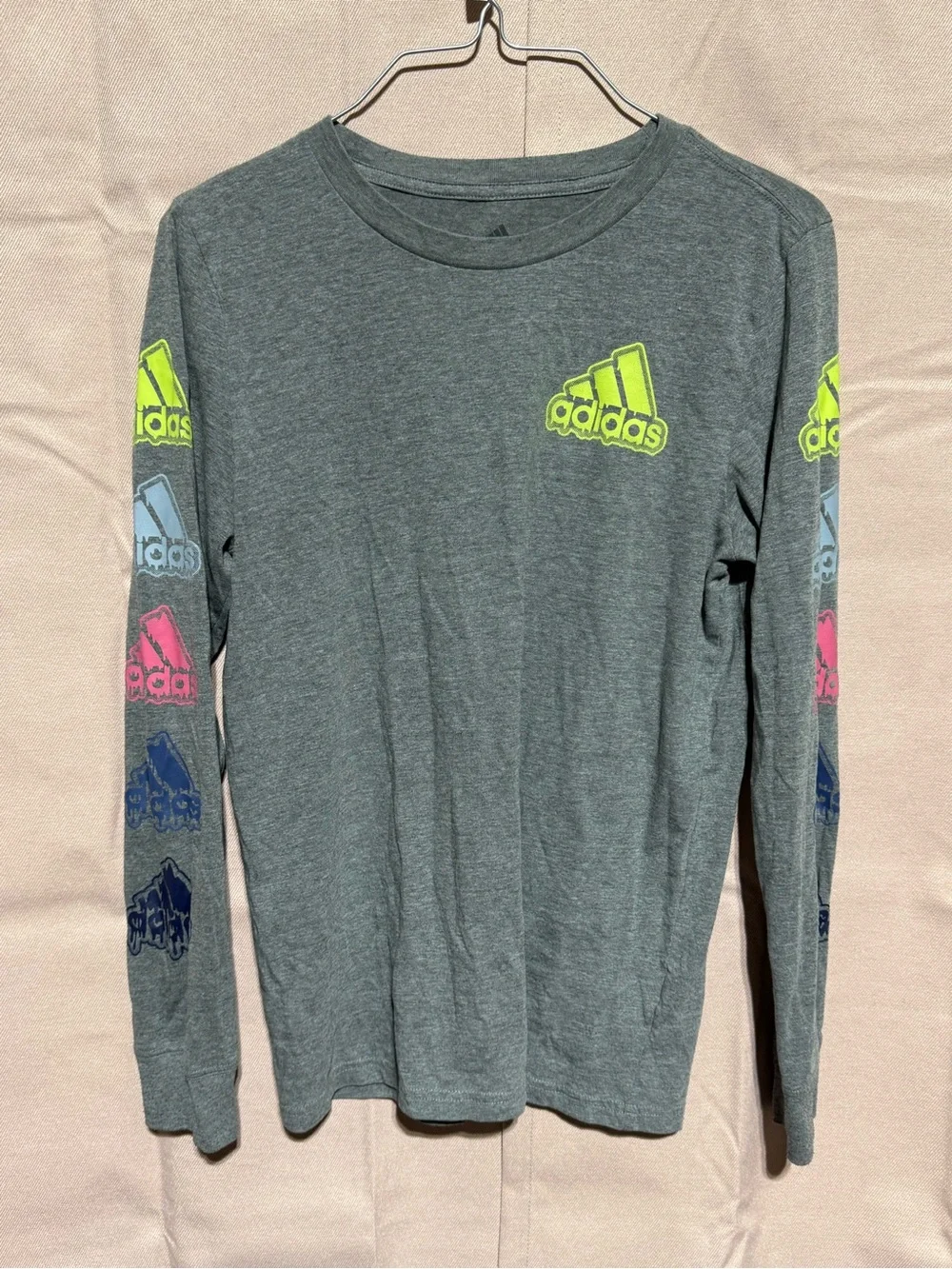 Girls adidas Gray Long Sleeve Tee with Neon Logo and Multicolor Sleeve Accents L